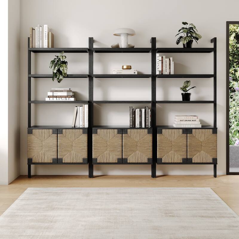 Nathan James Theo Open Shelf Industrial Bookcase with Drawers or Cabinets - Set of 3 - Seagrass/Black