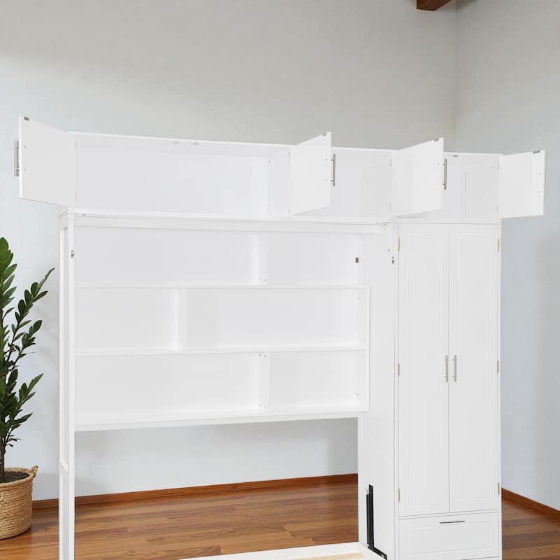 Queen Murphy Wall Bed with Top Cabinets, Shelves & Wardrobe, Space-Saving Foldable Bed with Storage