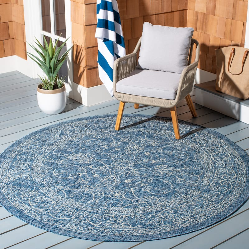 SAFAVIEH Courtyard Aquata Indoor/ Outdoor Waterproof Patio Backyard Rug - 6'7" Round - Navy/Ivory