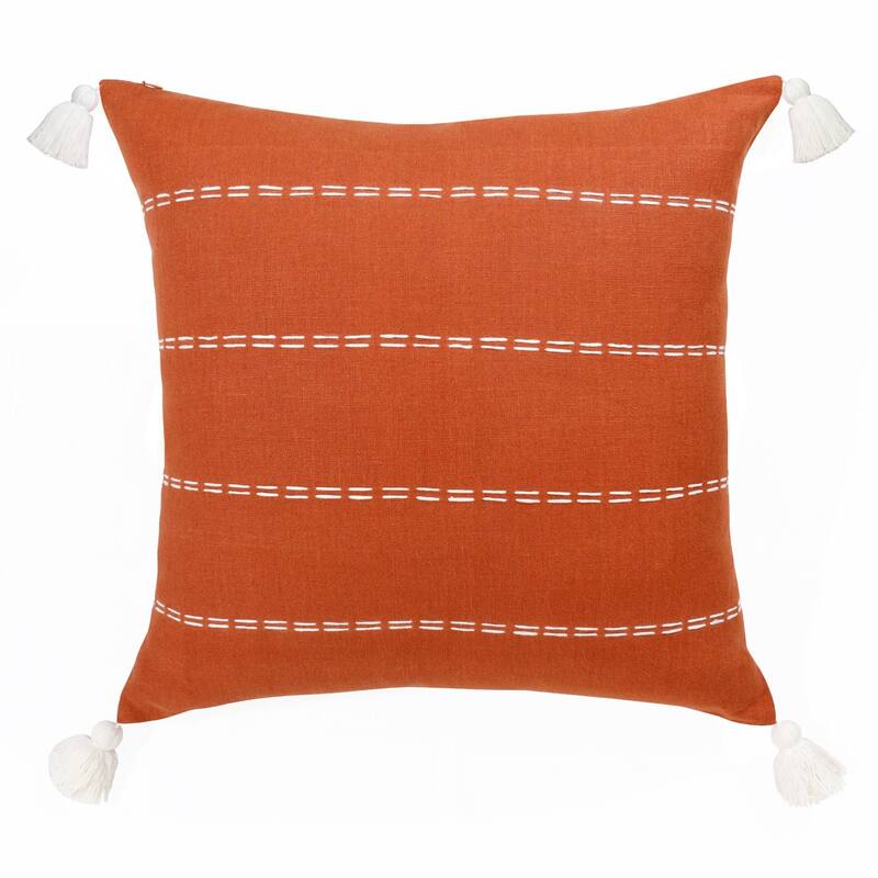Handwoven Rust Striped Square Throw Pillow with Tassels - 20" - Orange and Ivory