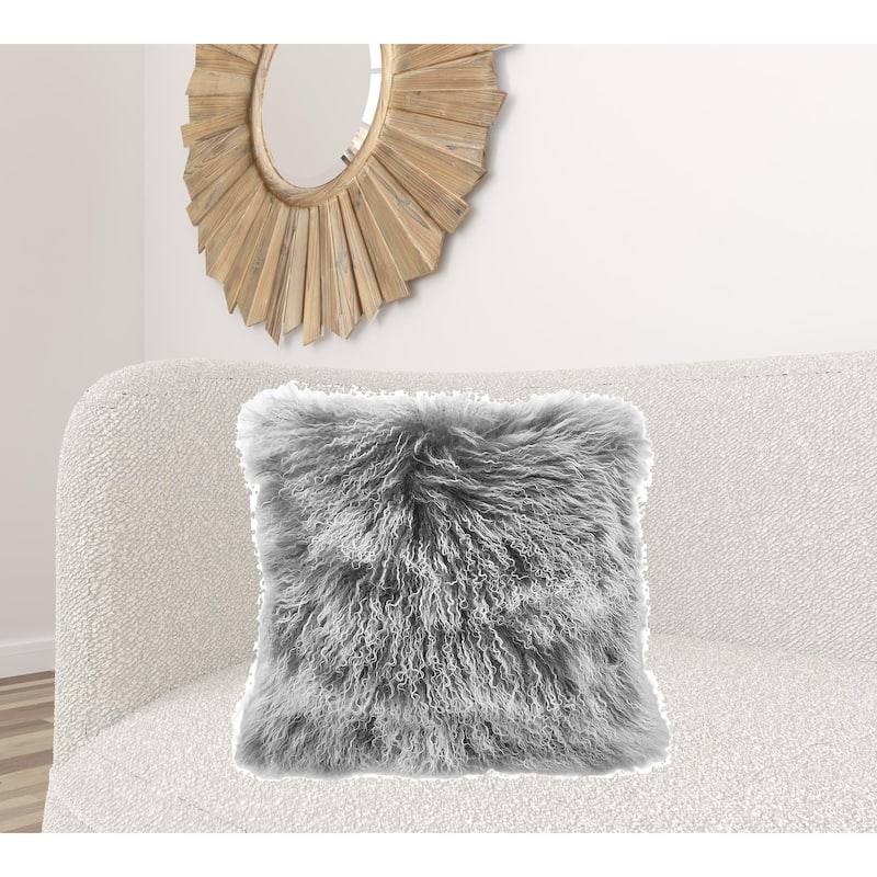 24" Grey Genuine Tibetan Lamb Fur Pillow With Microsuede Backing - Gray and White