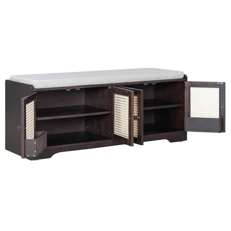 Rustic 47.4" Storage Bench Multifunctional Wooden Entryway Organizer with Removable Cushion and Rattan Doors