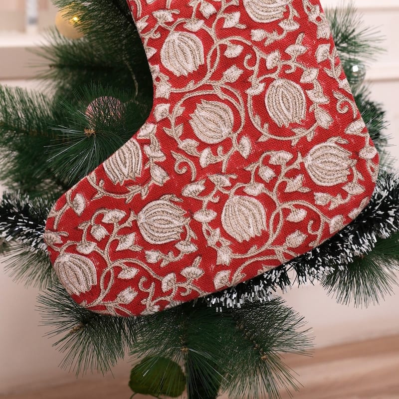Fabdivine Handmade Christmas Stocking Floral Block Print 10X4.5 Inch Tassel Loop for Home Décor - 10"X4.5"