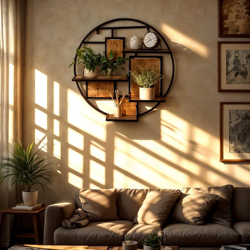 30" Round Floating Wall Shelf in Mango Wood and Metal Frame