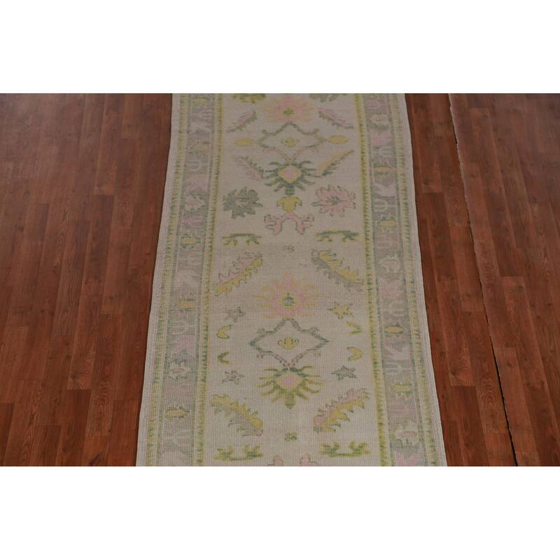 Hand Knotted Oriental 100% Wool Carpet Transitional Geometric Beige & Ivories Oushak Runner Rug - 15' 0'' X 3' 4''