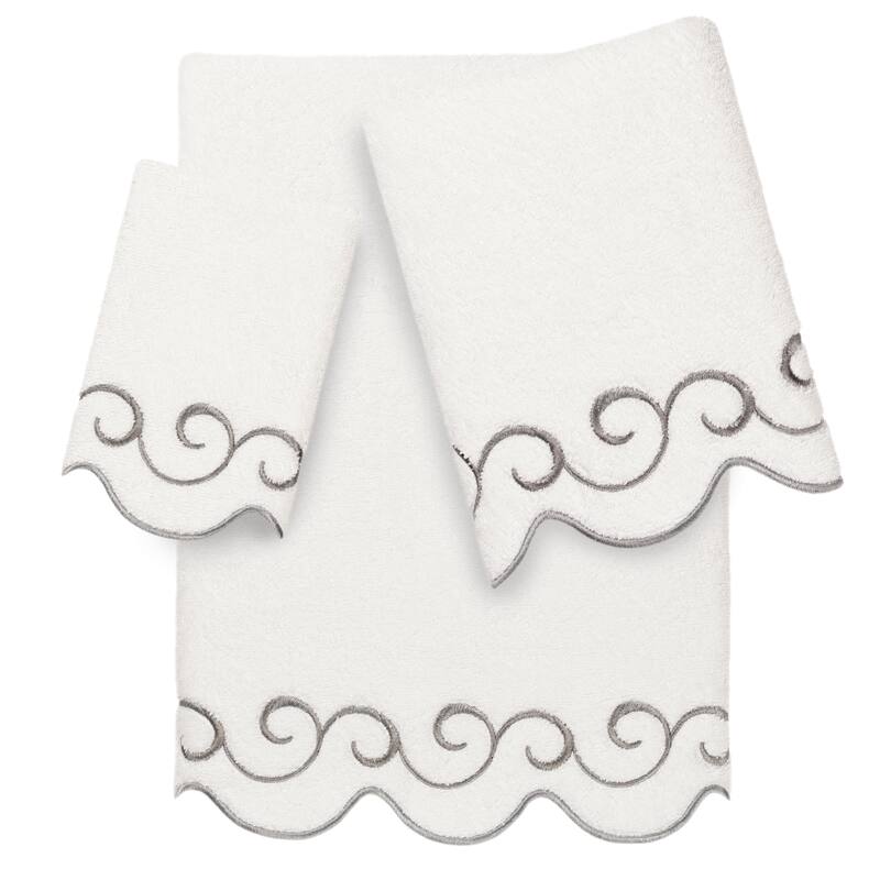 Authentic Hotel and Spa 100% Turkish Cotton SIMPLICITY Scallop Embellished Towel Collection - White/Grey - 3 Piece Set