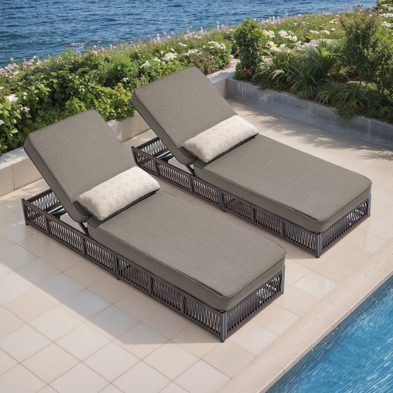 ArcoBay Brown Wicker Outdoor Patio Chaise Lounge with 5-Inch Thick Cushions (2-Pack)