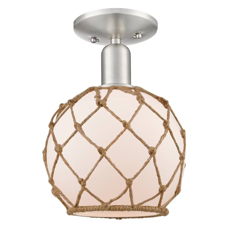 Innovations Lighting 716-1C-12-8 Farmhouse Rope Semi-Flush Farmhouse - Brushed Satin Nickel / White Glass with Brown Rope