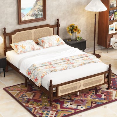 Classic Platform Bed Queen Size Bed Wooden Frame Bed with Rattan Headboard, Footboard and Central Enhanced Bed Platform