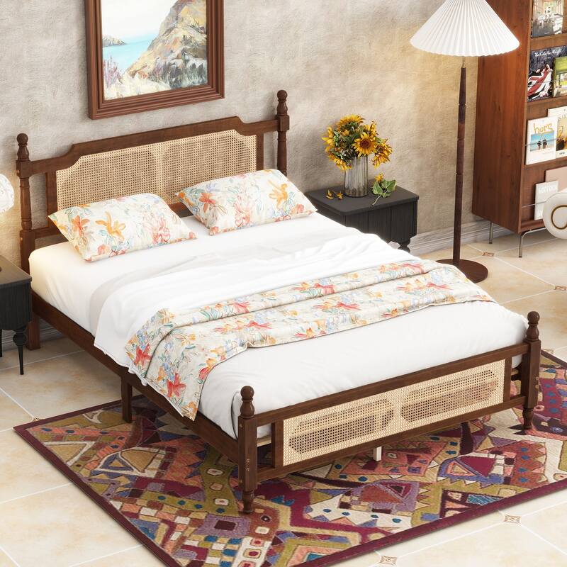 Solid Pinewood Storage Bed Frame, Queen/King Size Platform Bed with Rattan Headboard and Footboard, Spherical Head Bedposts - Walnut - Queen