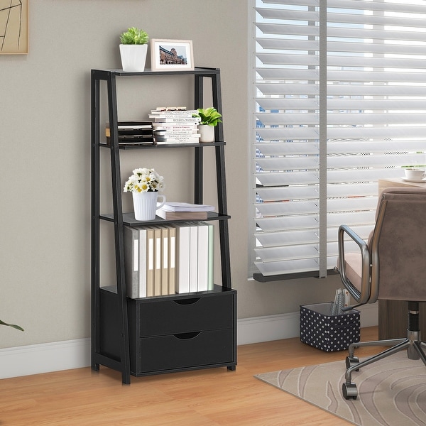 4 Tier Ladder Bookshelf Storage Display with 2 Drawers Black