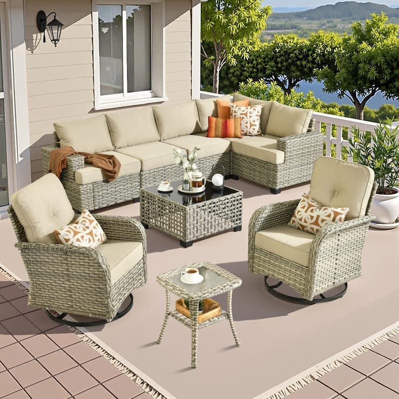 HOOOWOOO 9-piece Wicker Patio Furniture Set Sectional Sofa with Swivel Chair. - Beige