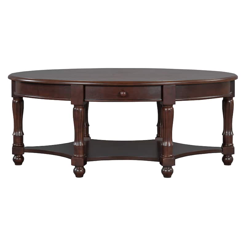 Vintage French Country Oval Coffee Table with Carvings, Drawer, and Storage Shelf