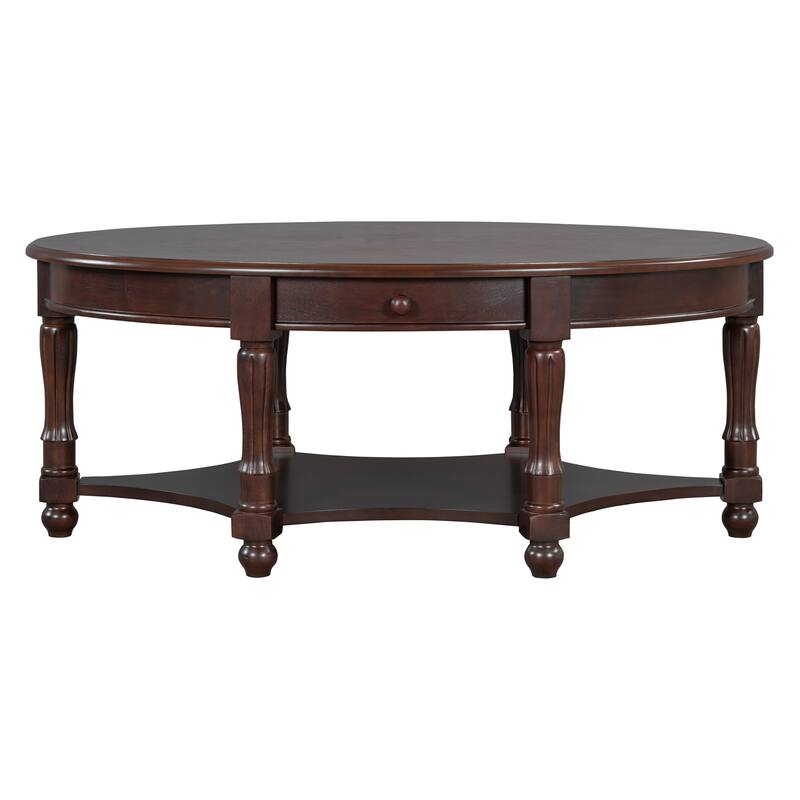 Vintage Oval Coffee Table with Drawer and Storage Shelf, Antique Cocktail Table in 45", French Country Accent Table