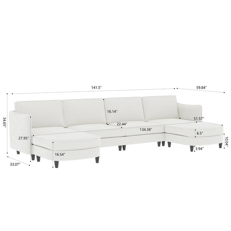 141.5" Fabric U-Shaped 6-Seater Sectional Sofa with Movable Ottoman, Arm Storage Pockets, and 1200lb Capacity