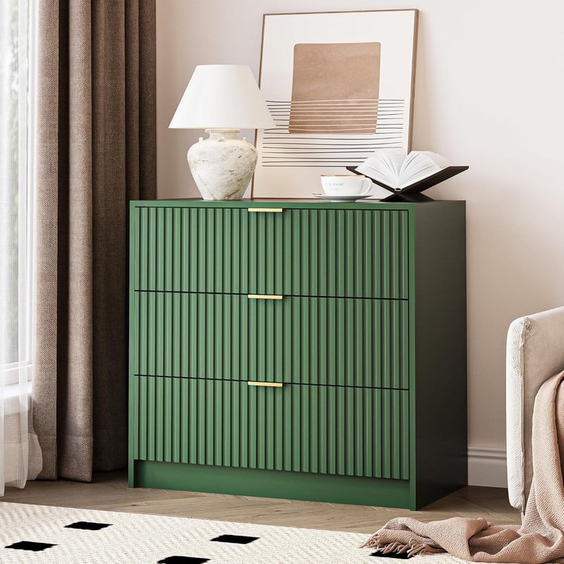 3 Drawer Fluted Dresser, 32 Inch Wide Nightstand with Large Drawer End Table for Bedroom - Green