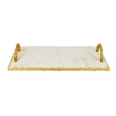 Pammy Decorative Tray, Gold Arched Handles, White Marble 18 Inch