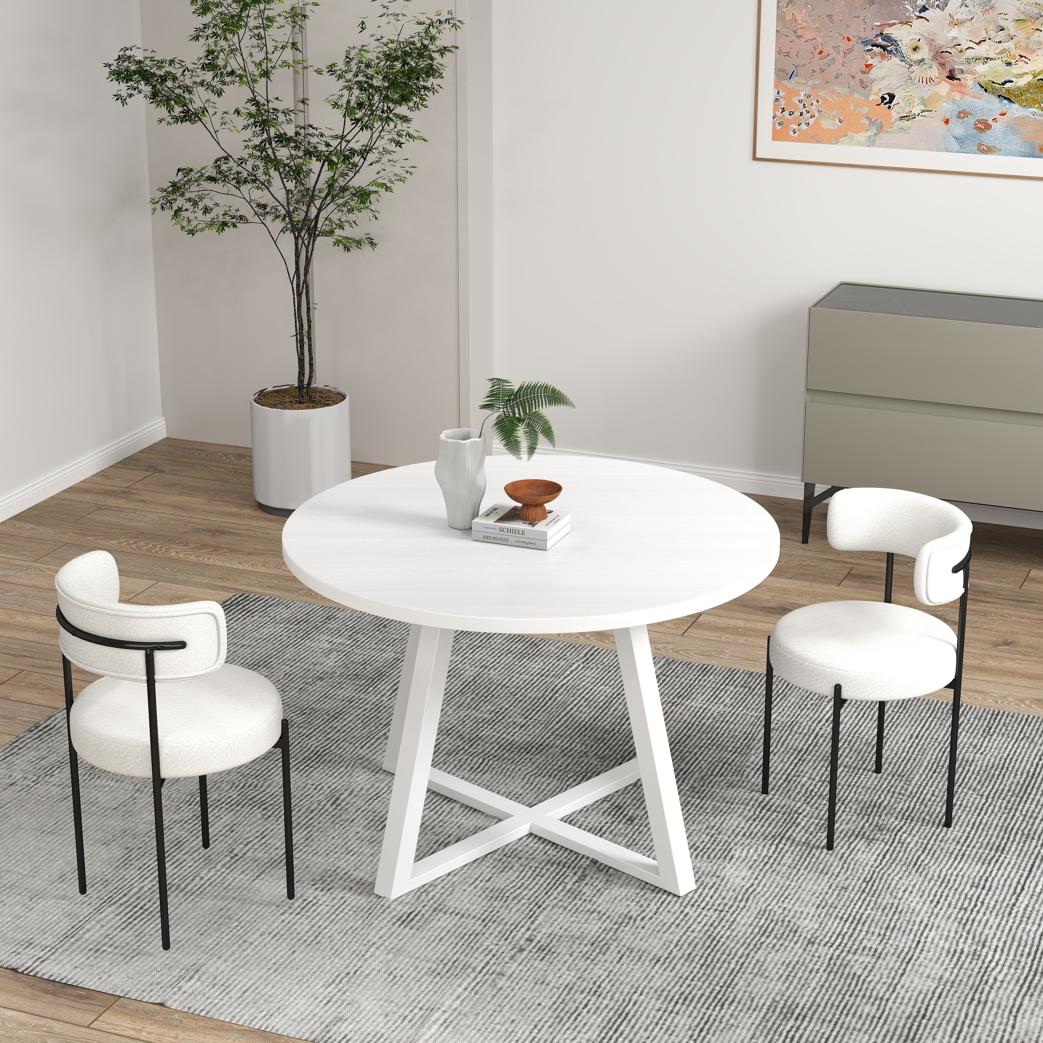 Modern 3-Piece Round Dining Set,Trestle Dining Table with 2 Boucle Chairs