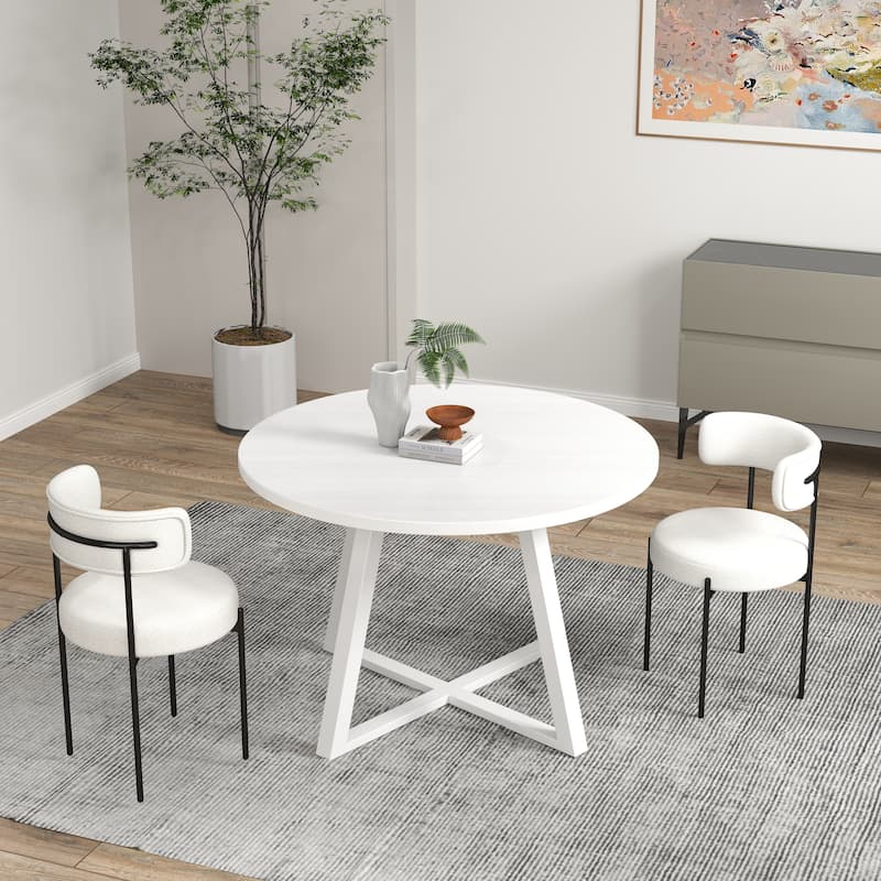 Roundhill Durban 3-Piece Round Dining Set, Trestle Dining Table with 2 Boucle Chairs