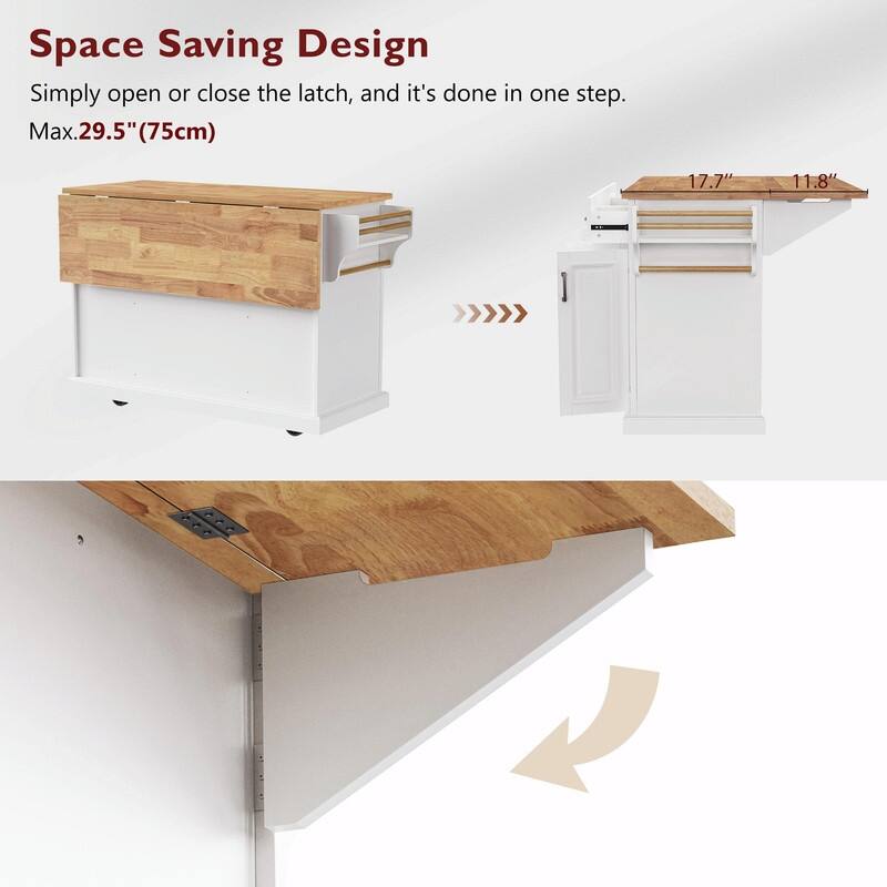 54" Rolling Kitchen Island Cart with Rubberwood Drop Leaf, 4 Doors & 3 Drawers
