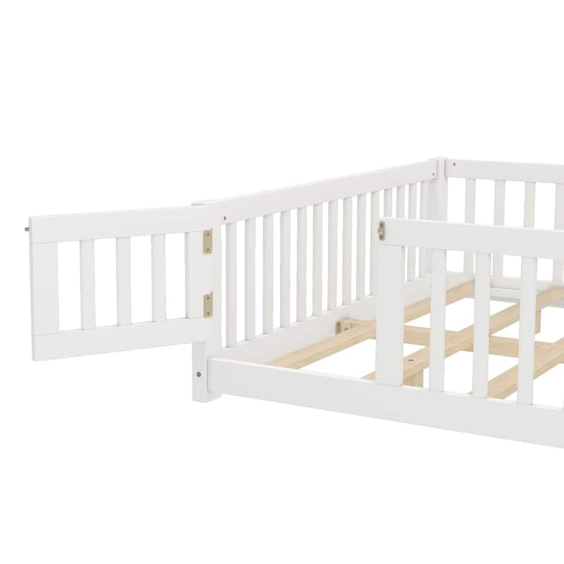 Montessori Toddler Floor Bed with Fence and Switchable Door, Low Profile Bed Frame with Removable Slats, Safe Transition Bed