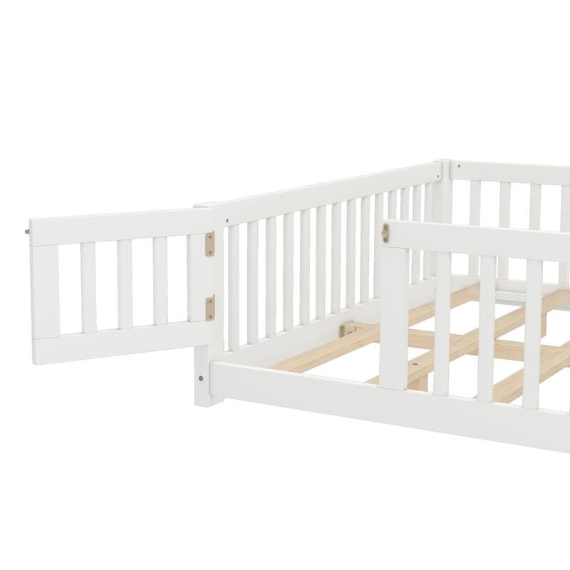 Queen Size Kids Floor Bed with Safety Guardrails and Detachable Door, White