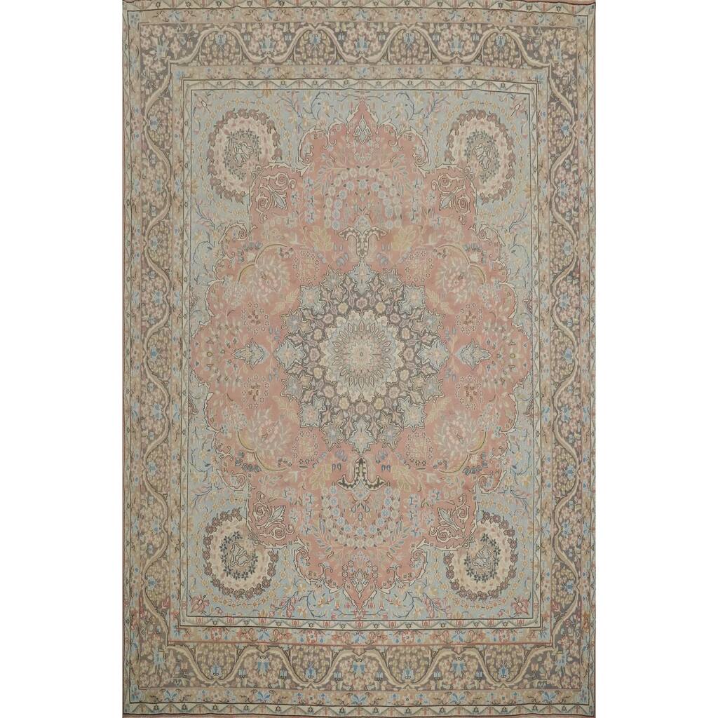 Hand Knotted Oriental 100% Wool Carpet Traditional Floral Pink Tabriz Area Rug - 12' 8'' X 9' 7''