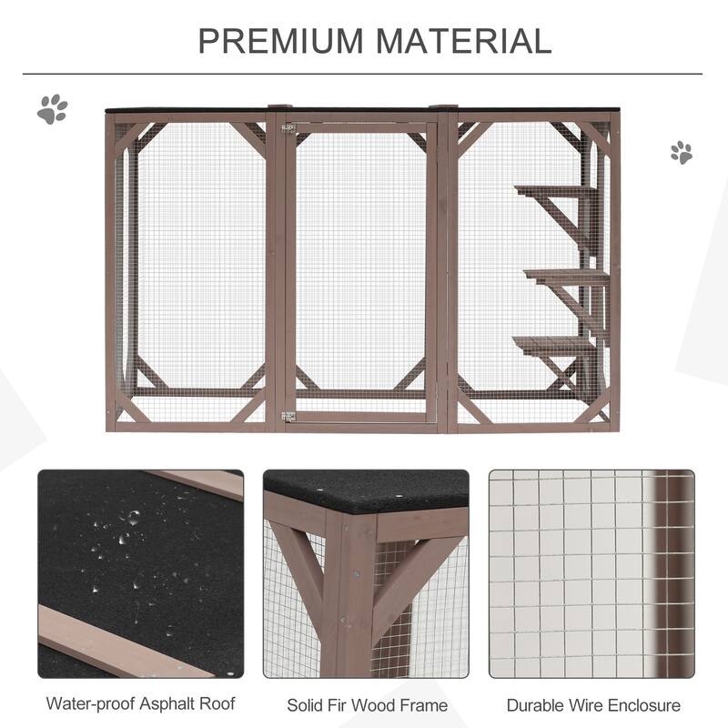 PawHut Wooden Outdoor Cat House Catio Kitten Enclosure Indoor Cage with Asphalt Roof, Multi-Level Platforms and Large Enter Door