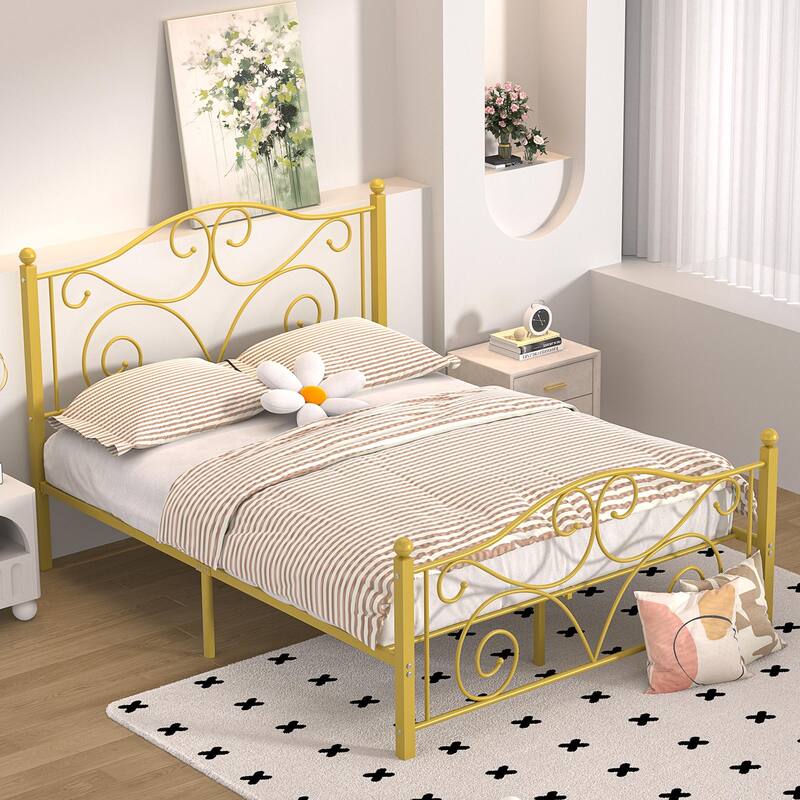 VECELO Metal Platform Bed Frame with Scroll Headboard, Twin/Full/Queen Size Beds