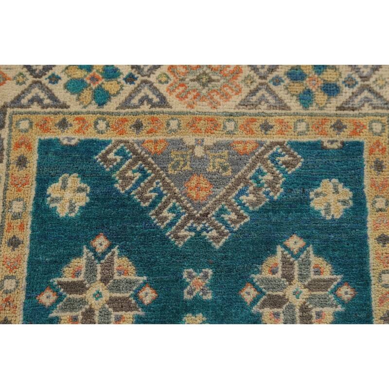 Hand Knotted Oriental 100% Wool Carpet Traditional Geometric Navy Blue & Blues Kazak Area Rug - 3' 0'' X 1' 11''