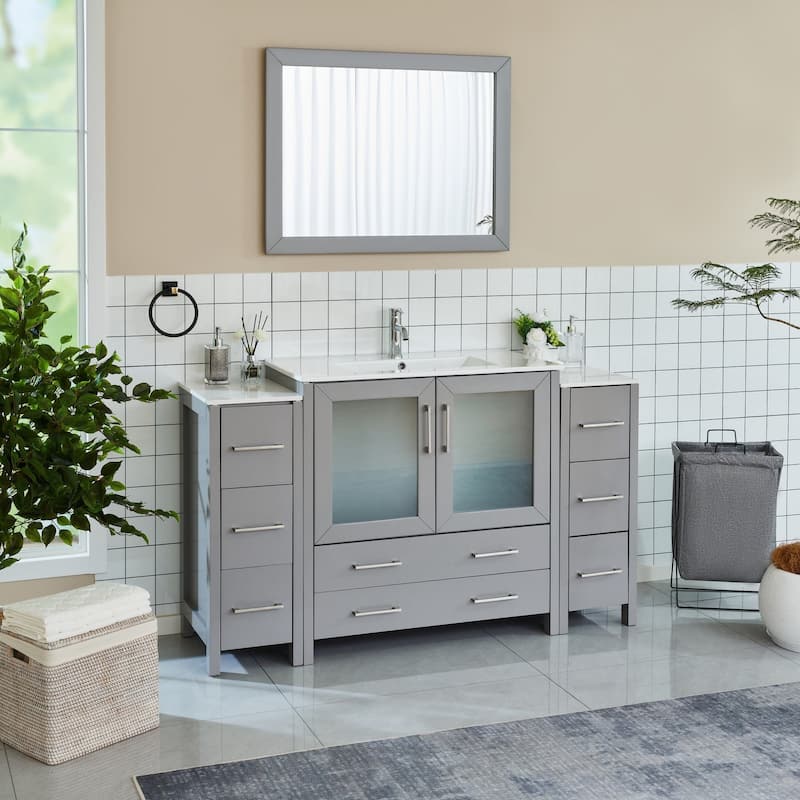 Vanity Art 60-Inch Single Sink Bathroom Vanity Set 8 Dove-Tailed Drawers 3 Cabinets 1 Shelf Soft-Closing Doors with Free Mirror