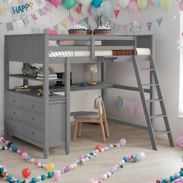 slide 2 of 9, Full size Loft Bed With Drawers and Desk,Shelves for Home Grey