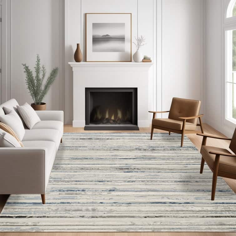 Modern Minimalist Striped Area Rug - Blue/Grey/Cream - Rectangle 8'10" x 12'