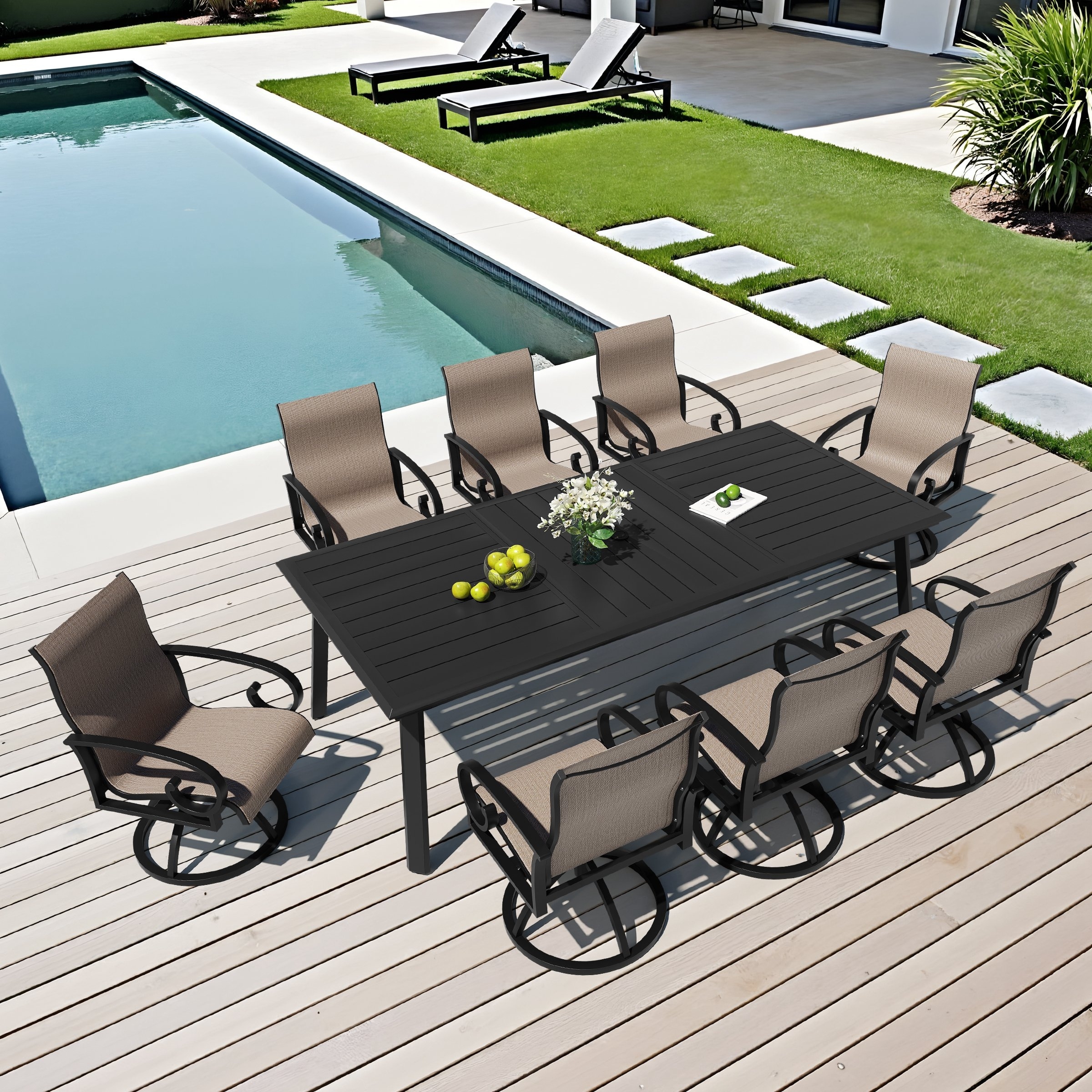 7/9/11-Piece Aluminum Patio Dining Set Sunbrella Swivel Chair and Dining Table with Umbrella Hole