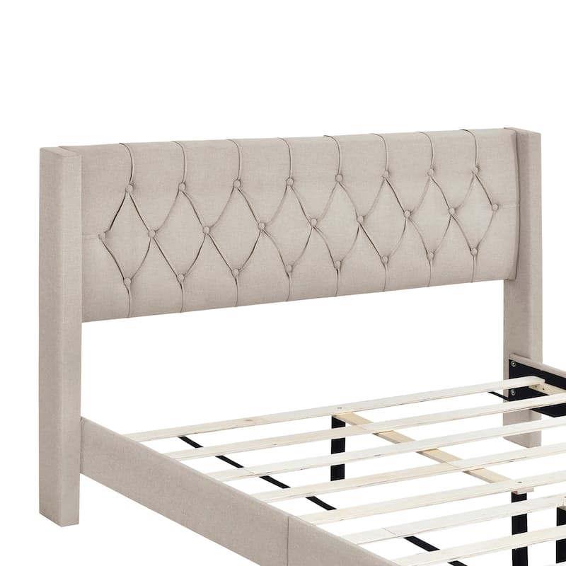 Linen Upholstered Platform Bed with Rubber Wood Legs - Bed Bath ...
