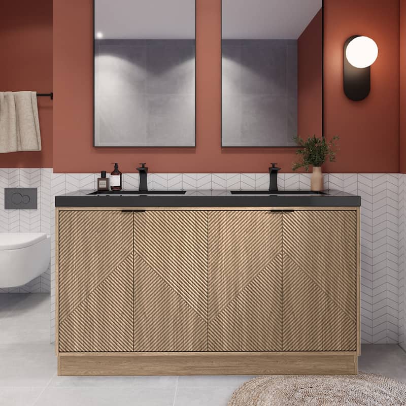 Milano 60" Freestanding Bathroom Vanity with Double Black Acrylic Sink - 59.06" x 19.49" x 35.46'' - Light Brown