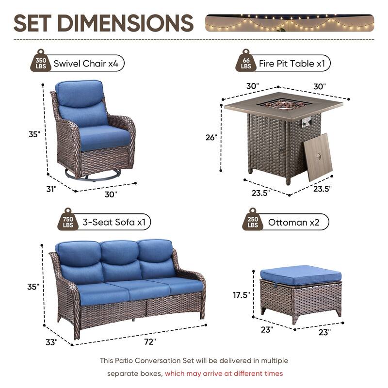 Pocassy Outdoor Propane Fire Table w/ Sofa Swivel Chair Ottoman Funiture Set.