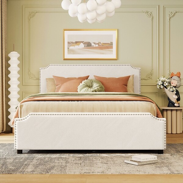 Plush Queen Size Upholstered Platform Bed with Studded Trim 4 Drawers Bed Bath Beyond 38259556