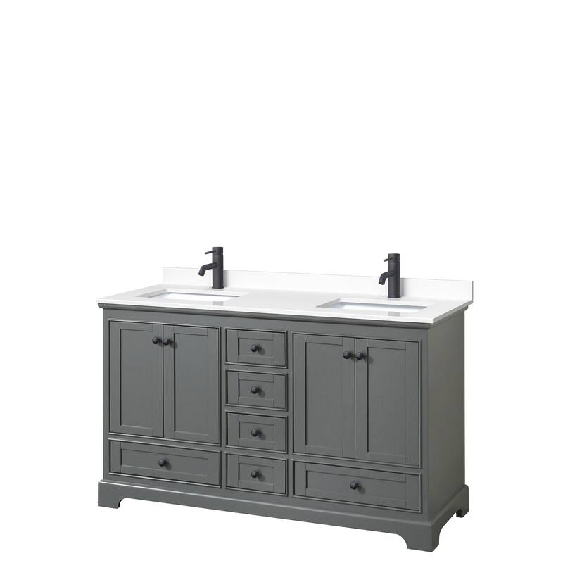 Deborah 60-inch Double Vanity, Cultured Marble Top - Dark Gray, Black Trim, White Cultured Marble Top