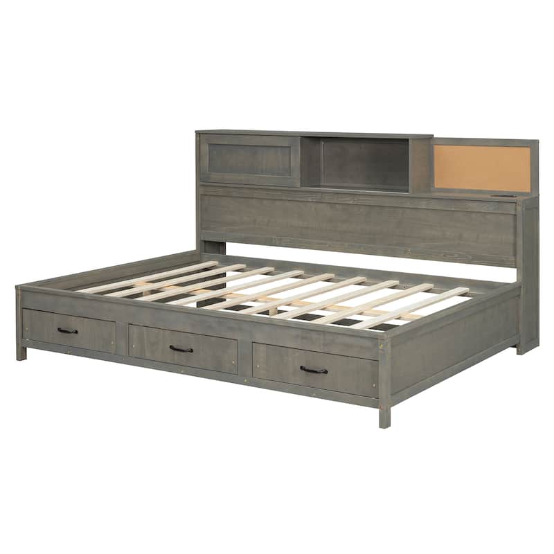 Full Size Wooden Daybed with 3 Storage Drawers, Upper Soft Board, shelf, and a set of Sockets and USB Ports