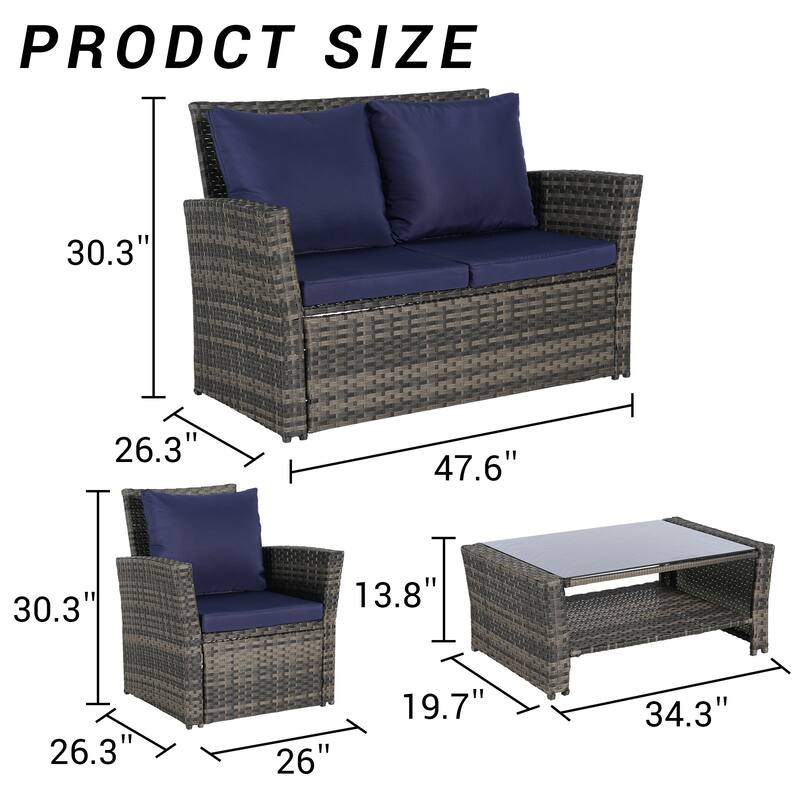 4-Piece Outdoor Patio Rattan Conversation Sofa Set with Tempered Glass Coffee Table