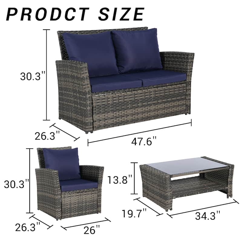 4-Piece PE Rattan Patio Furniture Set with Cushions and Tempered Glass Coffee Table, Outdoor Wicker Chairs and Loveseat