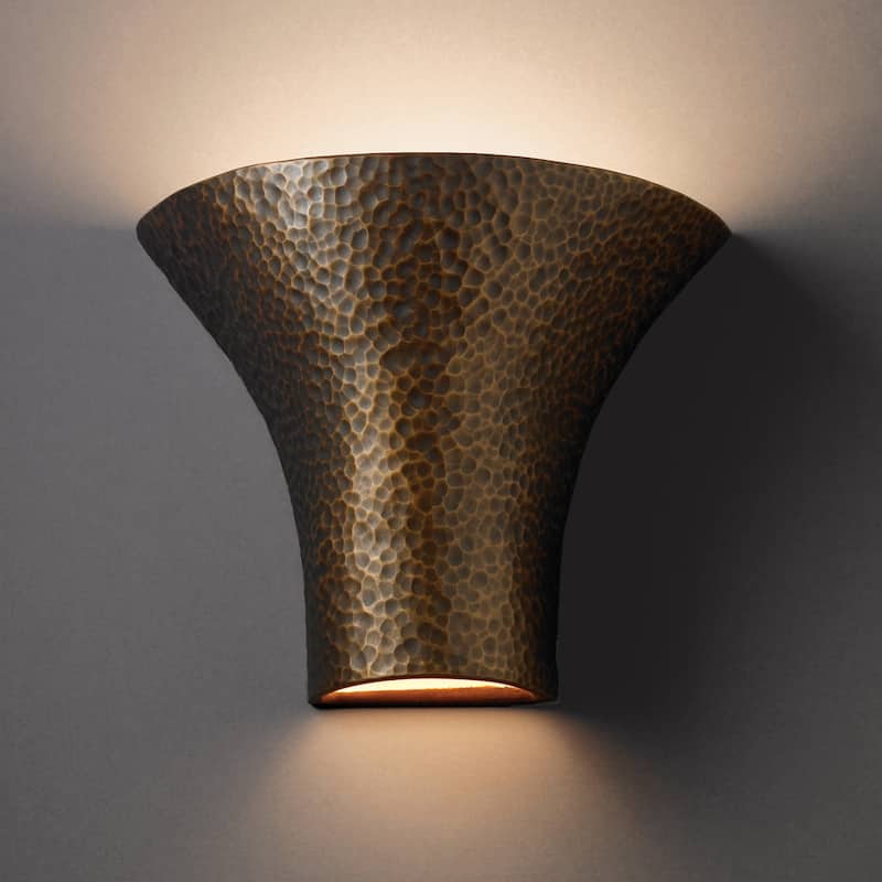 Justice Design Group Ambiance Hammered Brass Outdoor Large Ceramic Round Flared Wall Sconce with Open Top & Bottom