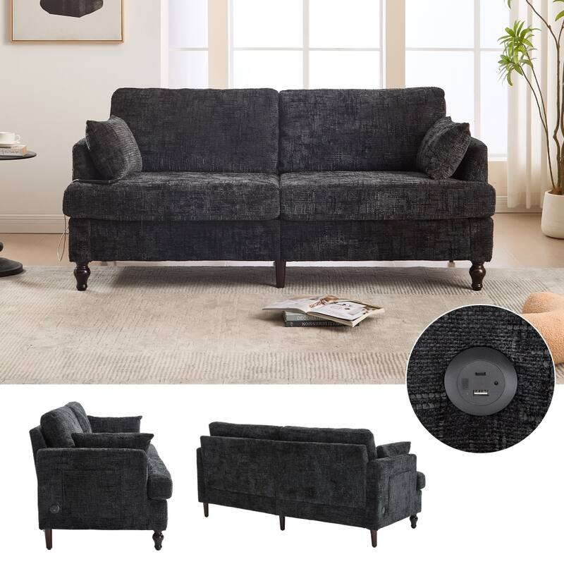Modern Chenille 2-Seater Wood-Legged Sofa with LED light, USB Charging Port and Storage Bag