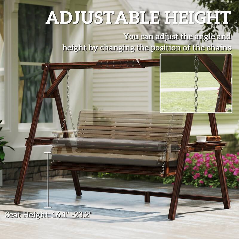 Outsunny 3 Seat Porch Swing with Stand, Wooden Patio Swing Chair with Cushion, Side Trays and Metal Chains