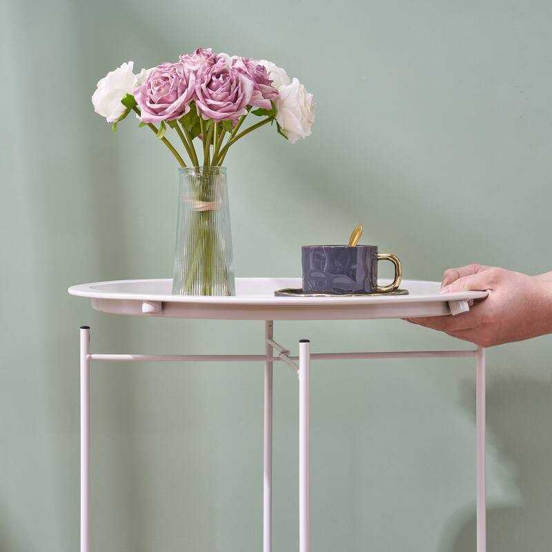 VECELO Small Round Side Table with Removable Tray & Fabric Storage Bin Easy 5-Min Assembly for Living Room Bedroom