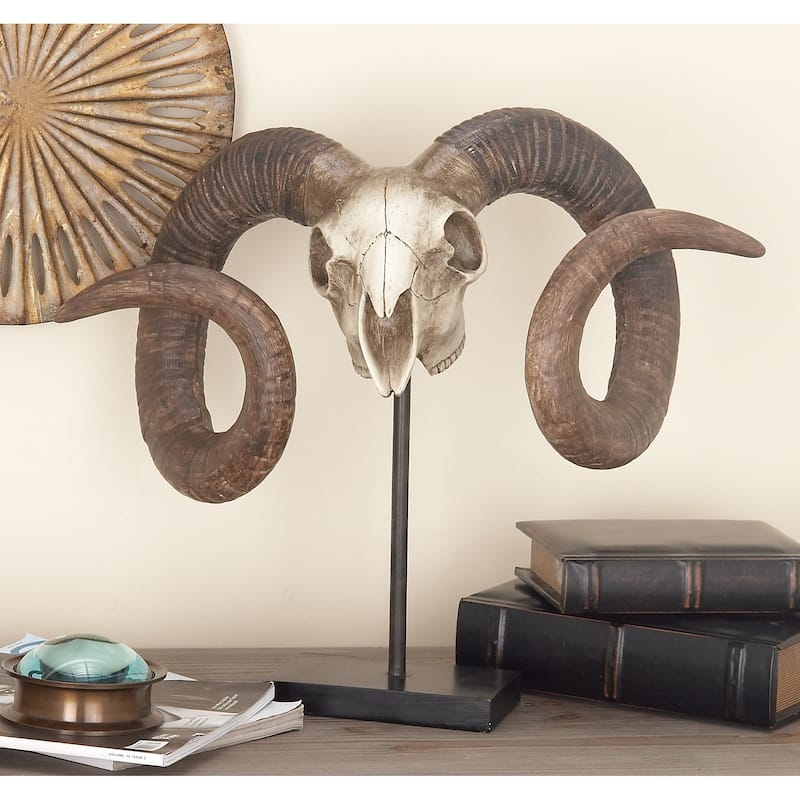 Brown Polystone Skull Ram Decorative Sculpture