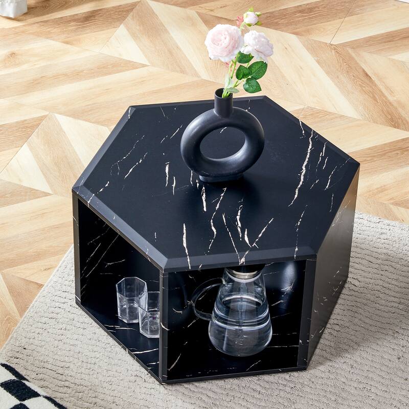 Hexagonal MDF coffee table, characteristic pattern stickers, multi-hole design to give more storage space