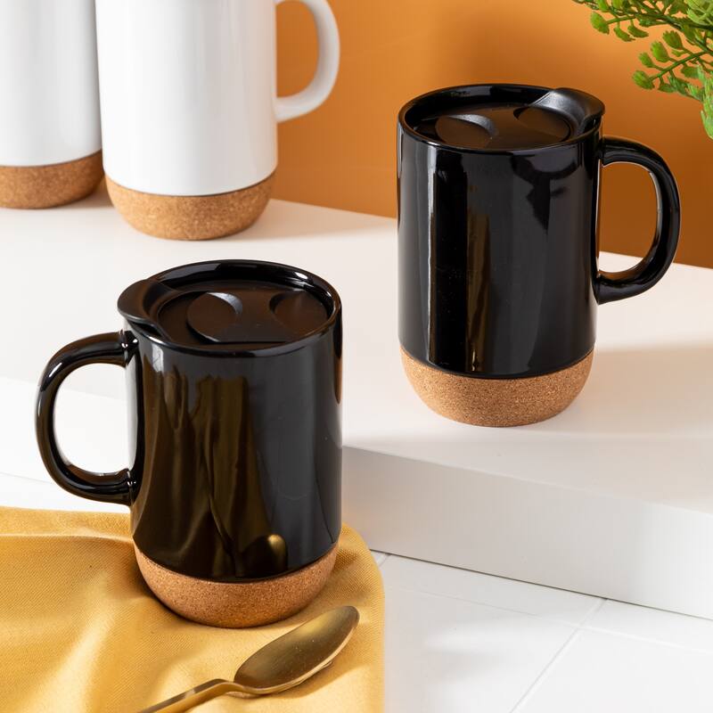 Gibson Home Modani 2 Pack Large 16.5 OZ Ceramic Mugs Set with Removable Cork Bottom and Lid