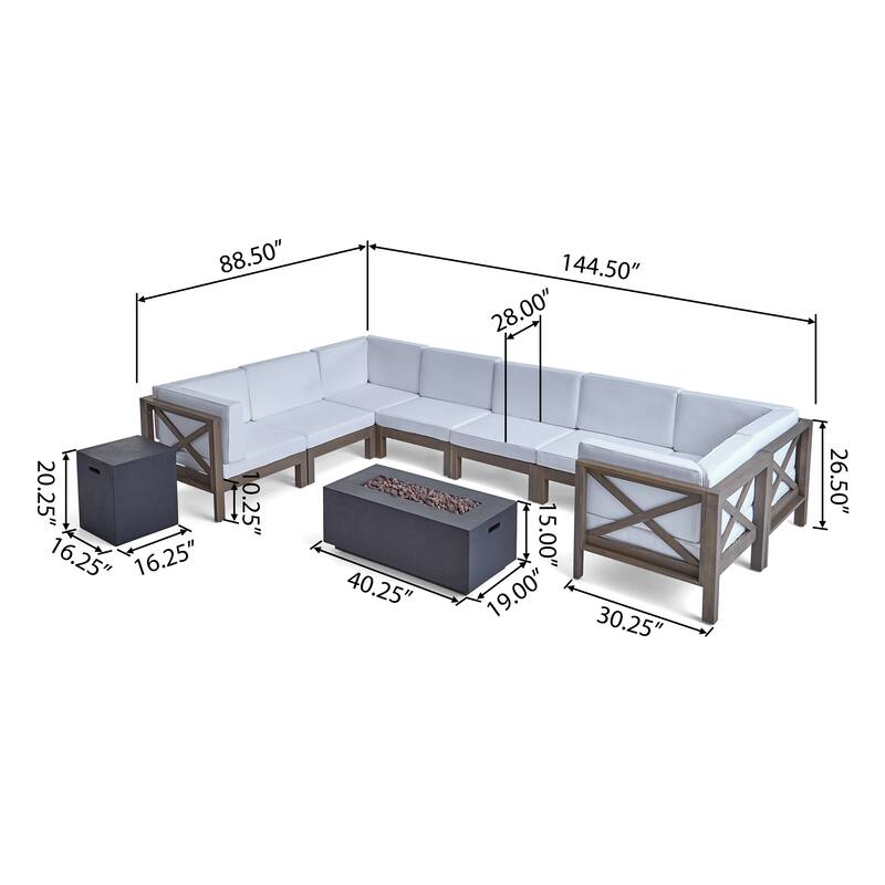 Brava Outdoor Acacia Wood 8 Seater U-Shaped Sectional Sofa Set with Fire Pit by Christopher Knight Home
